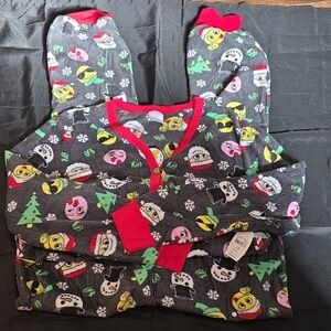 Festive Emoji One Piece Pajama with Red Accents Botton Backside